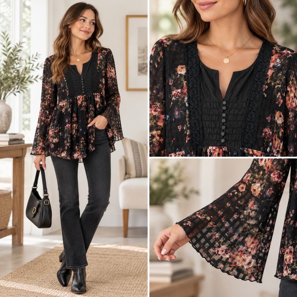 Suzanne Betro XL Black Floral Lace Mesh Bell Sleeve Babydoll Top Dark Moody Chic